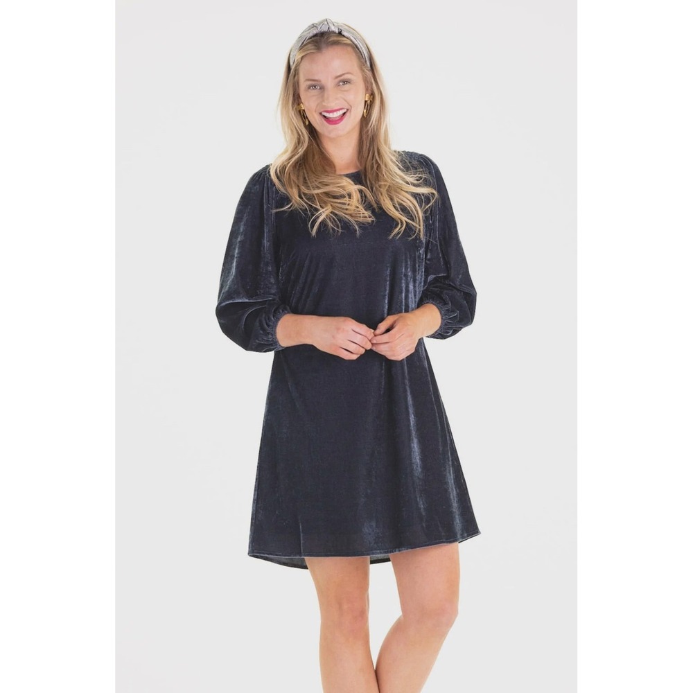 Duffield Lane Velvet Dress Smocked Long Sleeve Gray Party Holiday Shift‎ Dress S